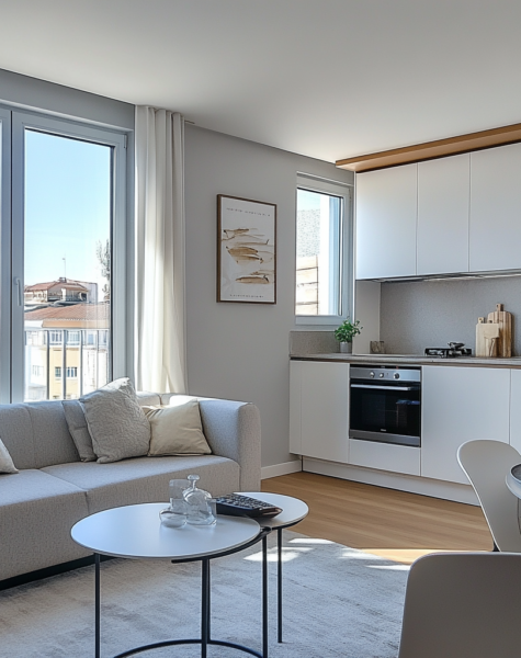Soggiorno luminoso con divano, cucina a vista e grandi finestre