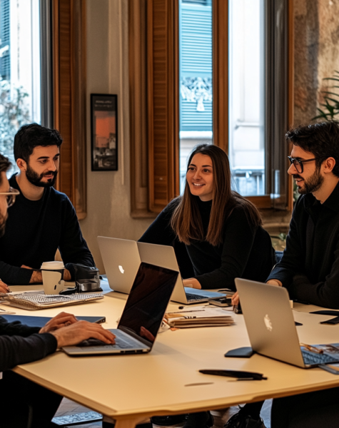 Immagine illustrativa di una riunione di lavoro con computer e documenti